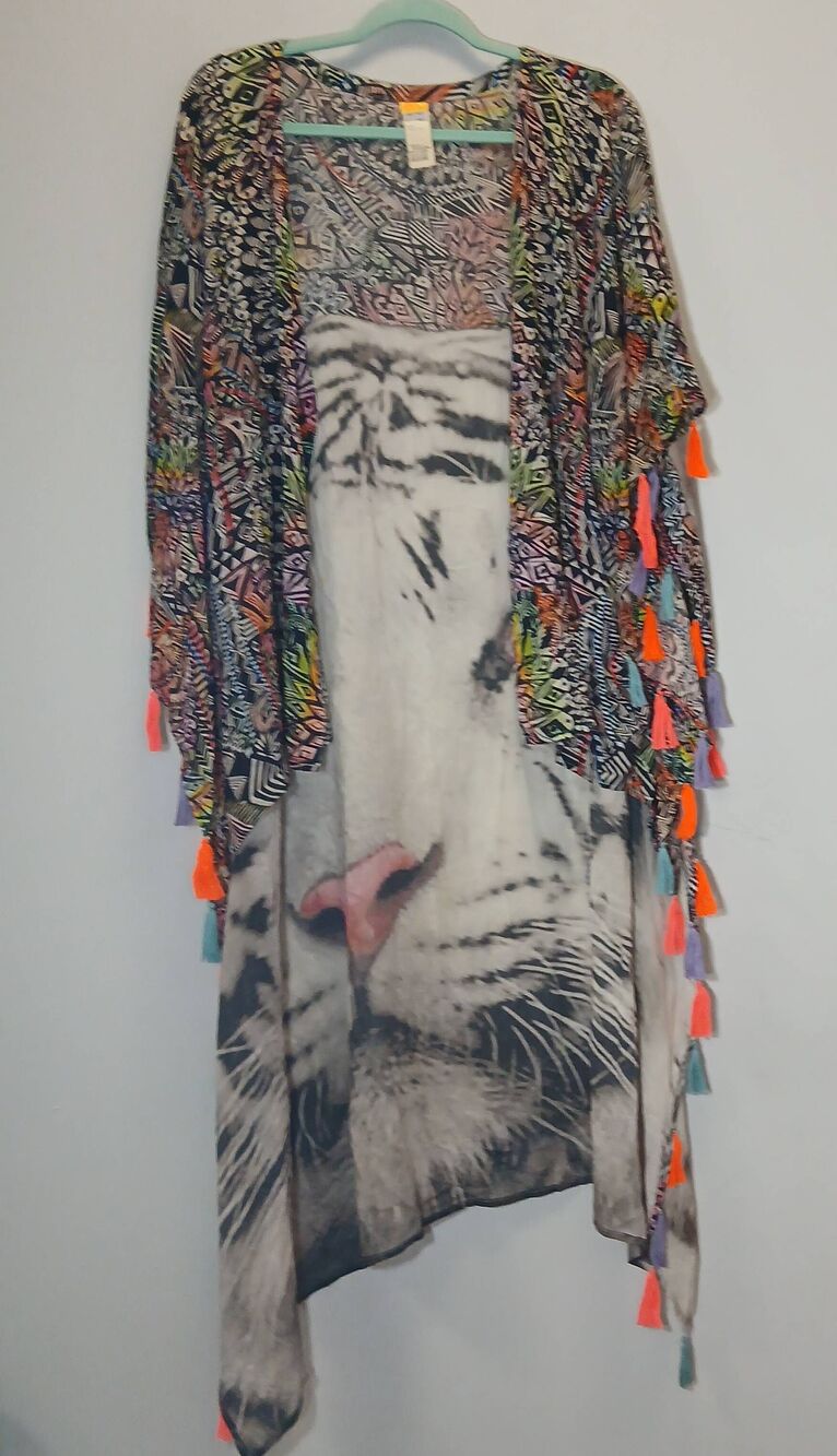 Agua bendita women xl kaftan long duster throw over boho gypsy Coastal colorful - Picture 2 of 10